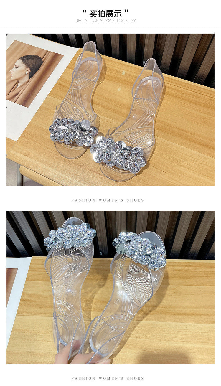 bingbing Sparkling Jelly Shoes Women's Summer Crystal Flat Heeled Fish Mouth Transparent Outer Wear Sandals Sanda