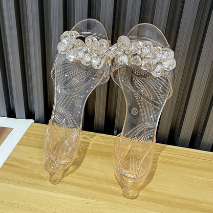 bingbing Sparkling Jelly Shoes Women's Summer Crystal Flat Heeled Fish Mouth Transparent Outer Wear Sandals Sanda