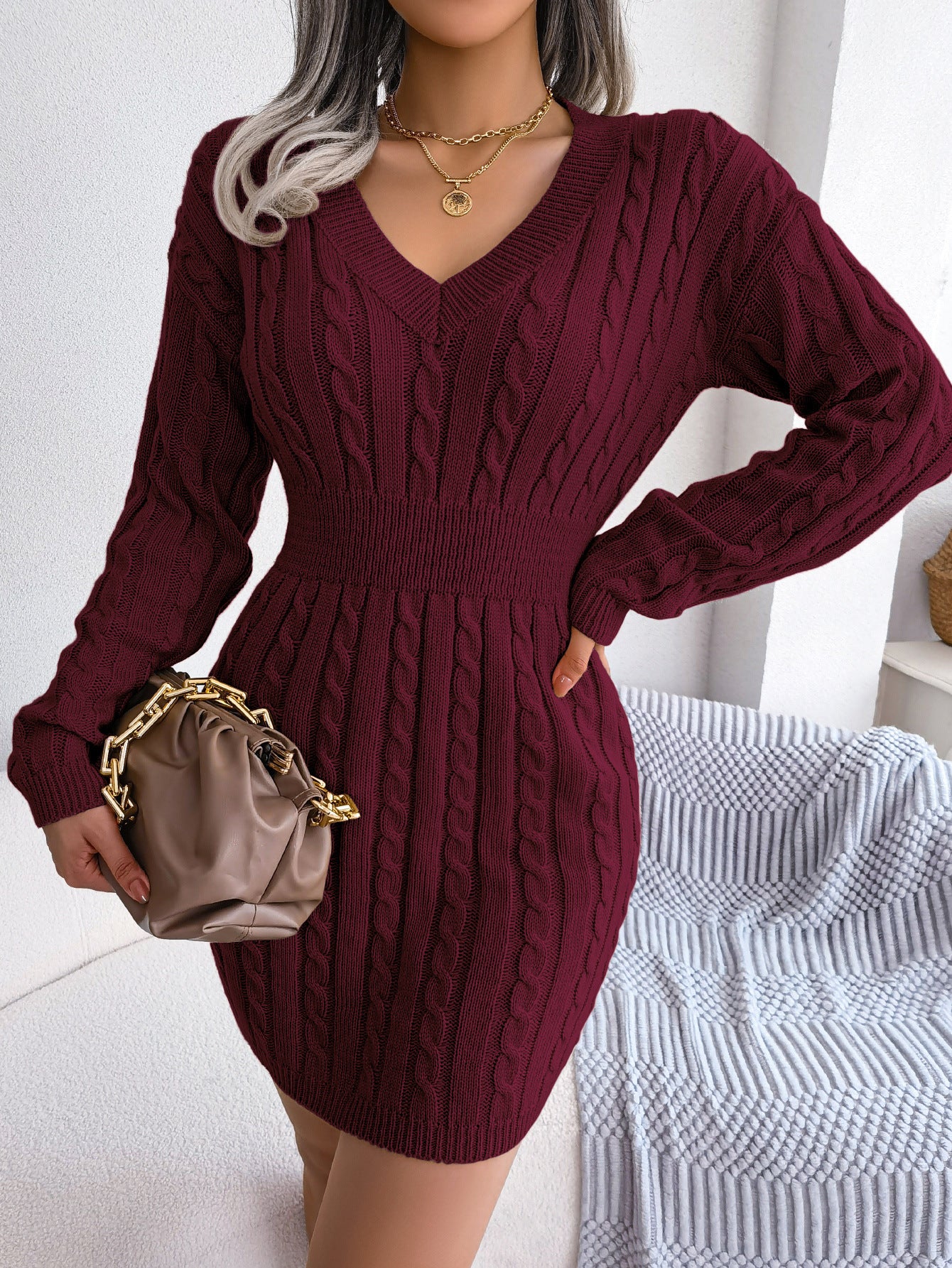 Ins Style Real Shot Autumn and Winter European and American Fashion Waist Twist Hip Dress Sweater Skirt Amazon Cross-Border Women's Clothing