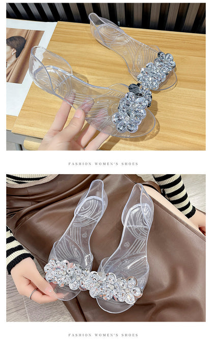 bingbing Sparkling Jelly Shoes Women's Summer Crystal Flat Heeled Fish Mouth Transparent Outer Wear Sandals Sanda