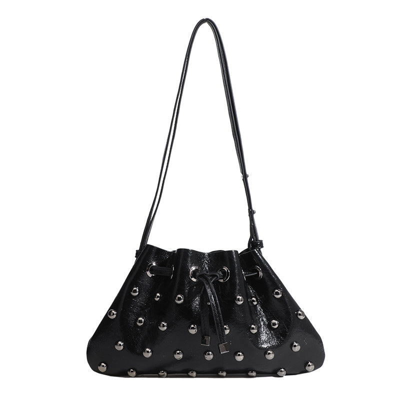 2025 New Rivet Underarm Women's Bag Cross-Border Exclusive Fashion Versatile Handheld Bucket Shoulder Tote Drawstring Bag