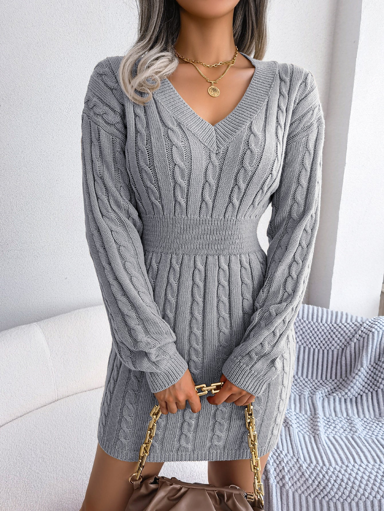 Ins Style Real Shot Autumn and Winter European and American Fashion Waist Twist Hip Dress Sweater Skirt Amazon Cross-Border Women's Clothing