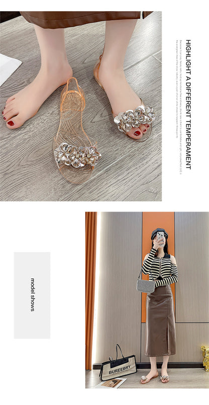 bingbing Sparkling Jelly Shoes Women's Summer Crystal Flat Heeled Fish Mouth Transparent Outer Wear Sandals Sanda