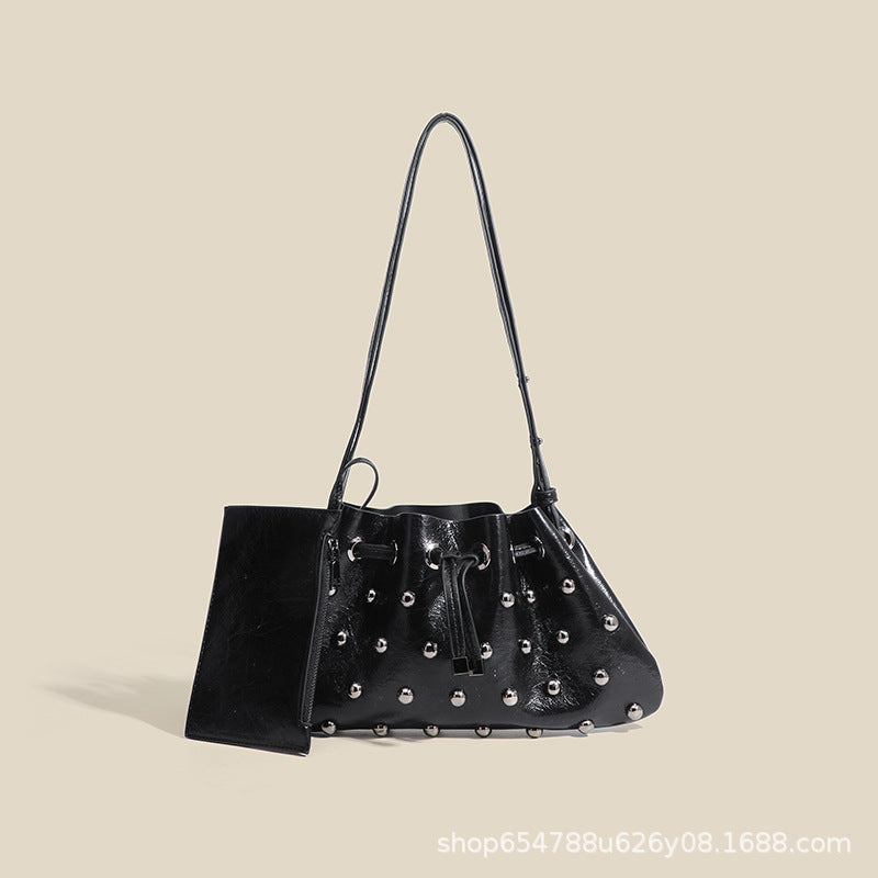 2025 New Rivet Underarm Women's Bag Cross-Border Exclusive Fashion Versatile Handheld Bucket Shoulder Tote Drawstring Bag