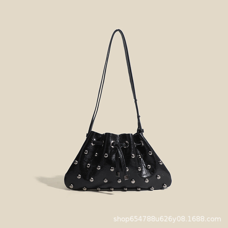2025 New Rivet Underarm Women's Bag Cross-Border Exclusive Fashion Versatile Handheld Bucket Shoulder Tote Drawstring Bag