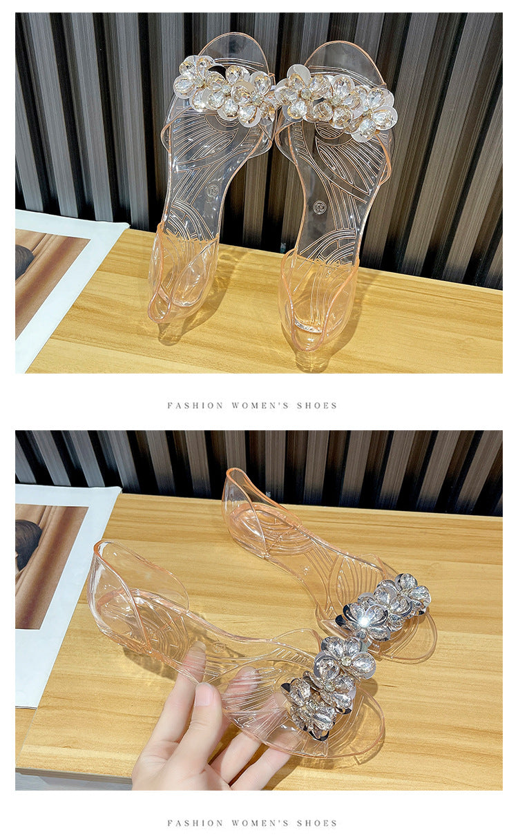 bingbing Sparkling Jelly Shoes Women's Summer Crystal Flat Heeled Fish Mouth Transparent Outer Wear Sandals Sanda