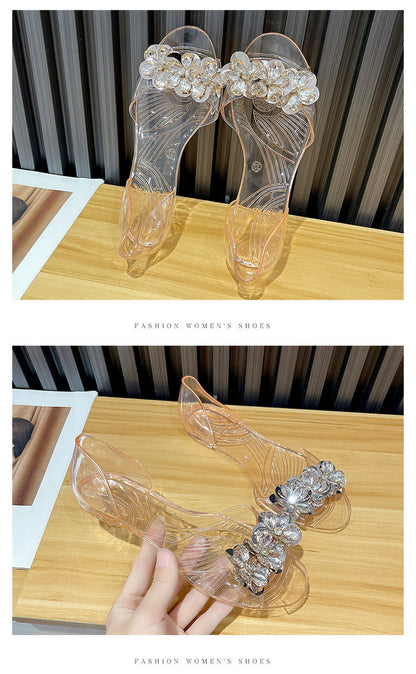bingbing Sparkling Jelly Shoes Women's Summer Crystal Flat Heeled Fish Mouth Transparent Outer Wear Sandals Sanda