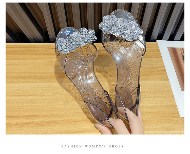 bingbing Sparkling Jelly Shoes Women's Summer Crystal Flat Heeled Fish Mouth Transparent Outer Wear Sandals Sanda