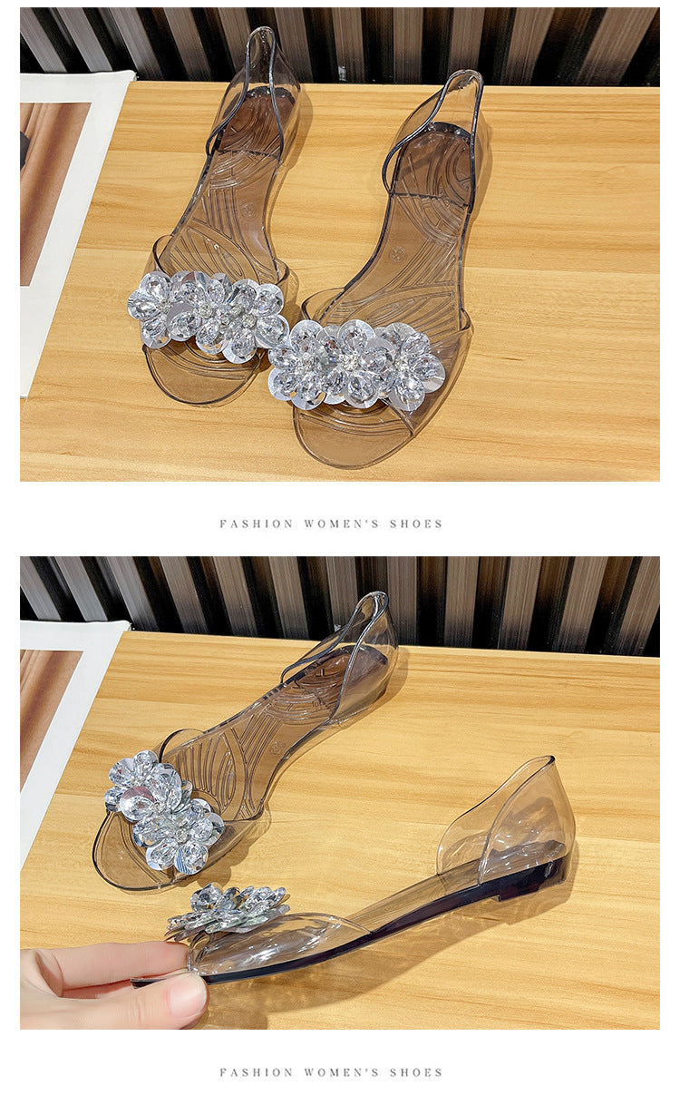 bingbing Sparkling Jelly Shoes Women's Summer Crystal Flat Heeled Fish Mouth Transparent Outer Wear Sandals Sanda