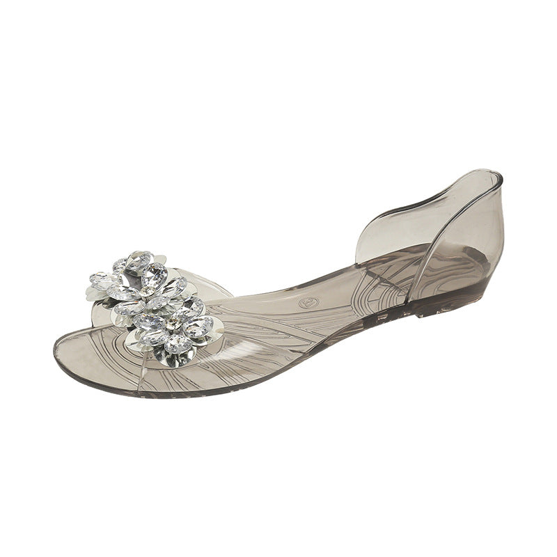 bingbing Sparkling Jelly Shoes Women's Summer Crystal Flat Heeled Fish Mouth Transparent Outer Wear Sandals Sanda
