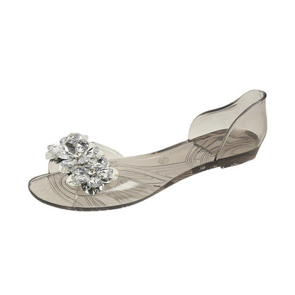 bingbing Sparkling Jelly Shoes Women's Summer Crystal Flat Heeled Fish Mouth Transparent Outer Wear Sandals Sanda
