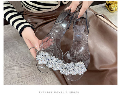 bingbing Sparkling Jelly Shoes Women's Summer Crystal Flat Heeled Fish Mouth Transparent Outer Wear Sandals Sanda