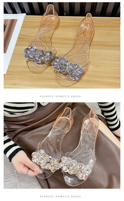 bingbing Sparkling Jelly Shoes Women's Summer Crystal Flat Heeled Fish Mouth Transparent Outer Wear Sandals Sanda