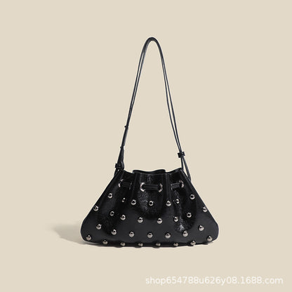 2025 New Rivet Underarm Women's Bag Cross-Border Exclusive Fashion Versatile Handheld Bucket Shoulder Tote Drawstring Bag