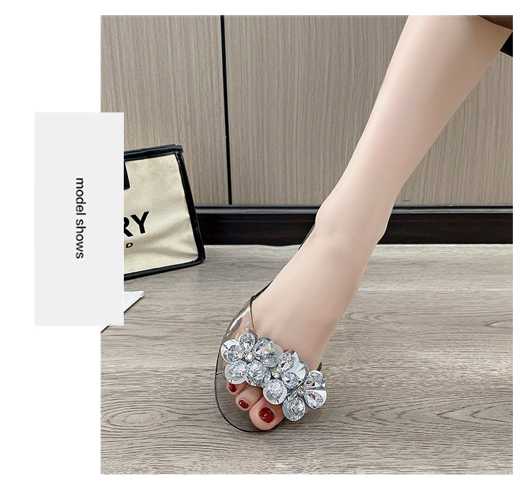 bingbing Sparkling Jelly Shoes Women's Summer Crystal Flat Heeled Fish Mouth Transparent Outer Wear Sandals Sanda