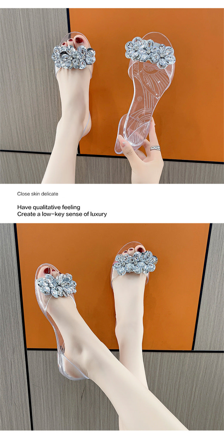 bingbing Sparkling Jelly Shoes Women's Summer Crystal Flat Heeled Fish Mouth Transparent Outer Wear Sandals Sanda