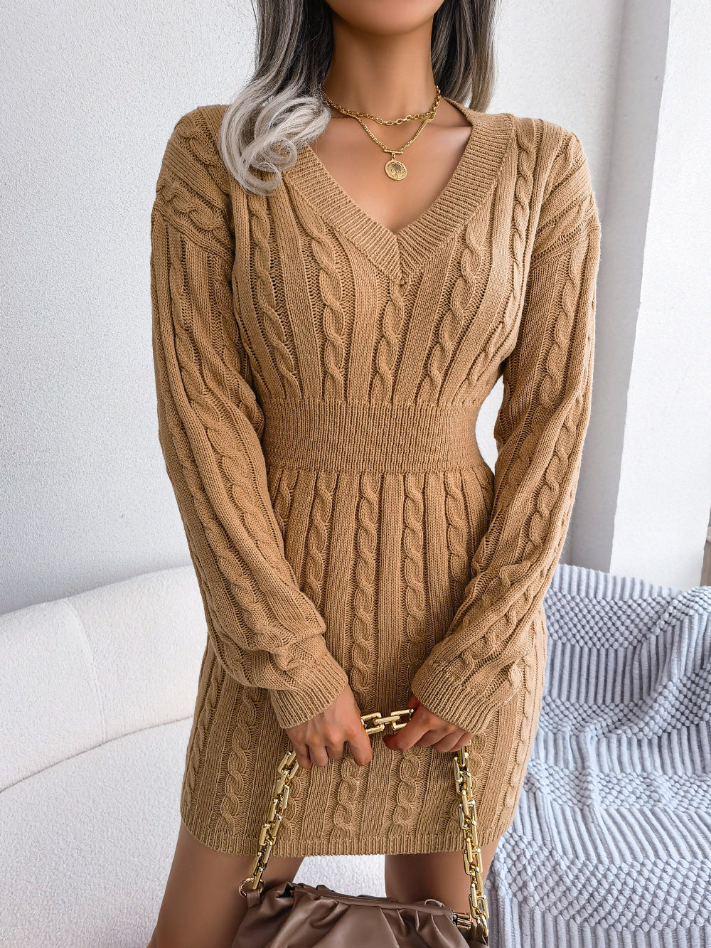 Ins Style Real Shot Autumn and Winter European and American Fashion Waist Twist Hip Dress Sweater Skirt Amazon Cross-Border Women's Clothing