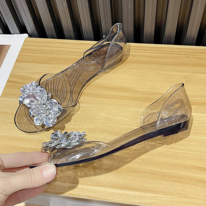 bingbing Sparkling Jelly Shoes Women's Summer Crystal Flat Heeled Fish Mouth Transparent Outer Wear Sandals Sanda