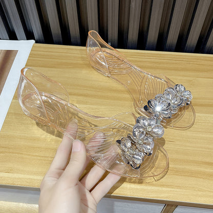 bingbing Sparkling Jelly Shoes Women's Summer Crystal Flat Heeled Fish Mouth Transparent Outer Wear Sandals Sanda