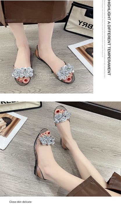 bingbing Sparkling Jelly Shoes Women's Summer Crystal Flat Heeled Fish Mouth Transparent Outer Wear Sandals Sanda