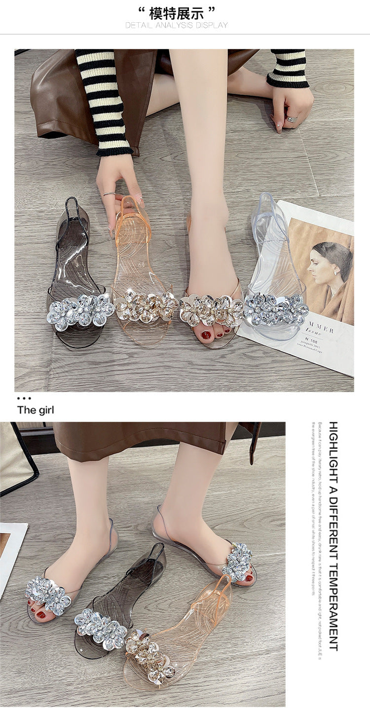 bingbing Sparkling Jelly Shoes Women's Summer Crystal Flat Heeled Fish Mouth Transparent Outer Wear Sandals Sanda