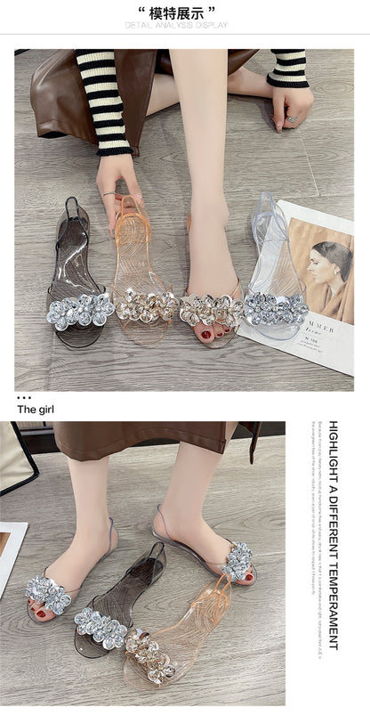 bingbing Sparkling Jelly Shoes Women's Summer Crystal Flat Heeled Fish Mouth Transparent Outer Wear Sandals Sanda