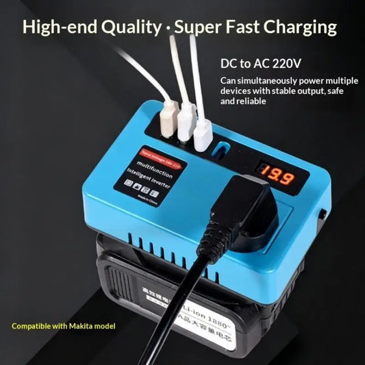 【S】18v-21v To 220v Battery Inverter with 4 USB LED Multifunctional Smart Transformer Dual Plug Household