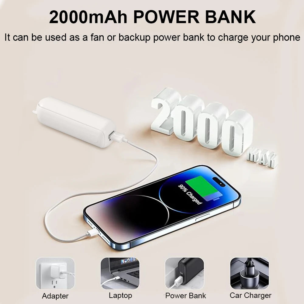 Mini Portable Handheld Fan 2000mAh USB Rechargeable Folding Small Pocket Fan with Handy Power Bank Foldable Hand Fan for Outdoor