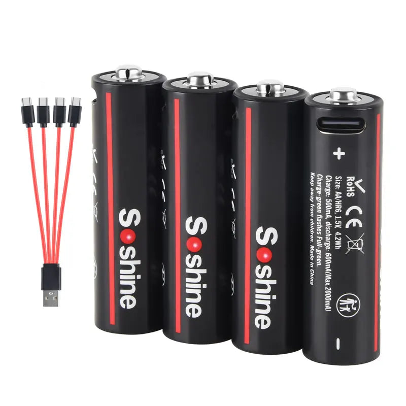 Soshine AA and AAA Li-ion Rechargeable Batteries USB Lithium 1.5V AA 2600mWh 3500mwh 4200mwh +1.5V AAA 600mwh 1100mWh Battery