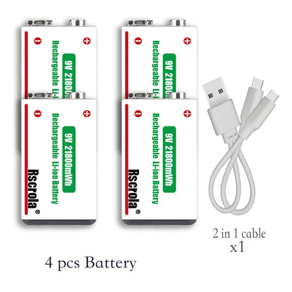 Long-Lasting 9V Lithium ion Rechargeable Battery 21800mWh High Capacity for Guitar Microphone Smoke Detector Pedal with Cable