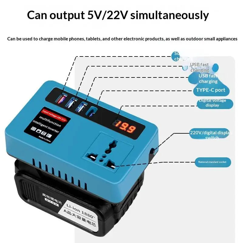 【S】18v-21v To 220v Battery Inverter with 4 USB LED Multifunctional Smart Transformer Dual Plug Household