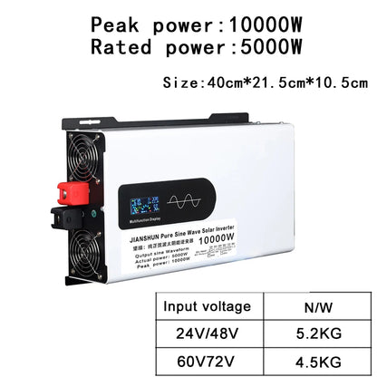 5000W 6KW 8KW 10KW 12000W Pure Sine Wave Inverter 12V/24V/48V/60V/72V/96V Power Inverter 110V 220V Solar Car Inverter Converter