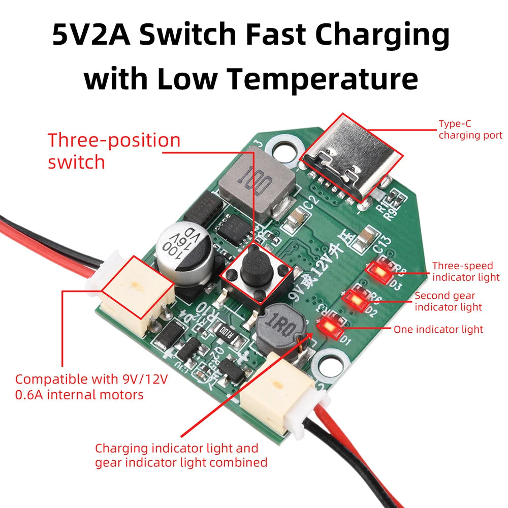 Electric Fan Circuit Universal Control Board 5V 2A to 9V/12V 3 Speed Adjustable Type-C Fast Charge PWM Boost Module Motherboard