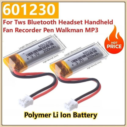 601230 200mAh Lipo Battery 601230 Polymer Li Ion Batteries for LED Light Smart Recorder Handheld Fan Flashlight Mouse