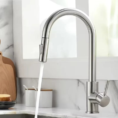 Silver/black stainless steel pull-out hot and cold water sink/washbasin faucet, suitable for kitchens, with splash-proof design.
