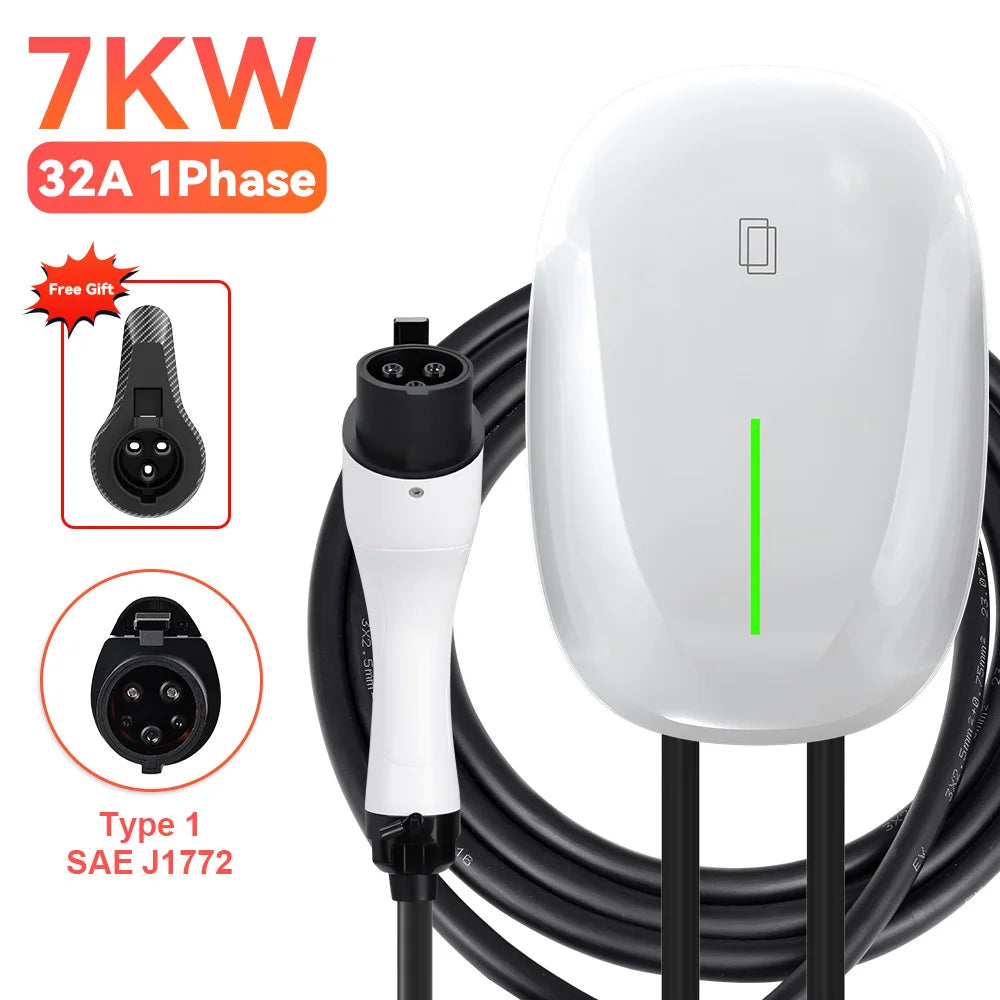 JDMEX 7KW EV Charger Station 32A 1Phase Type1 / GBT Electric Vehicle Car Charger EVSE Wallbox Wallmount 7KW 5M Cable SAE J1772