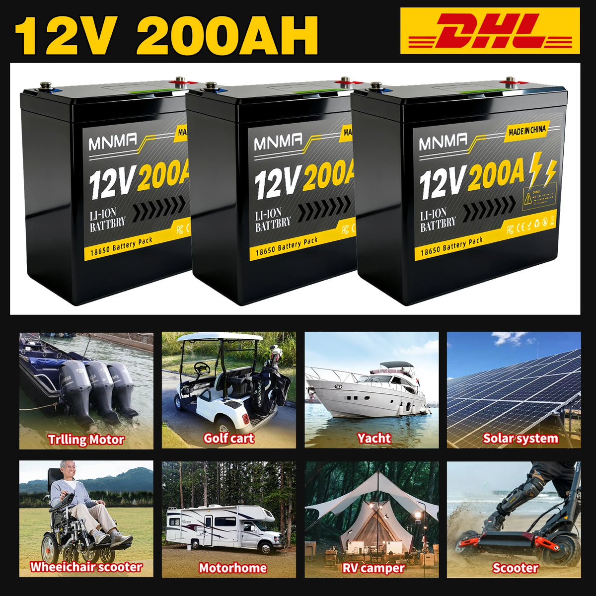 12V Rechargeable Battery Pack 200Ah , for LED lights, camping, and home backup power supply 18650 Lithium Battery +Charger