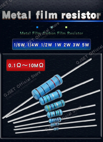 100pcs 1/4W Metal Film Resistor Element 1% 0.25W 1K 1.5K 2.2K 4.7K 10K 22K 47K 100K 470k 100 220  4K7 Ohm 5 Color Ring Resistors