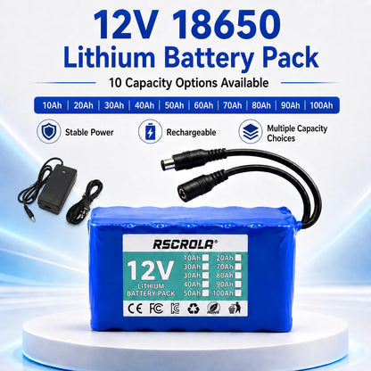 Rechargeable 12V 18650 Lithium Battery Pack with BMS, for Solar, LED Light, RC Model, Power Supply, Long Cycle Life with Charger