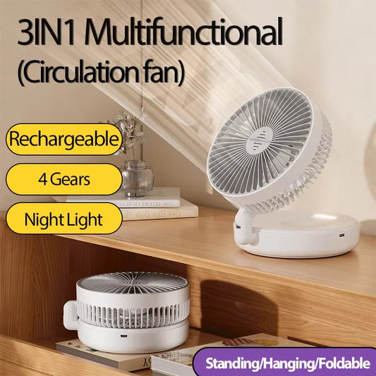 Rechargeable 3-in-1 Foldable Fan, 4-Speed, Warm Nightlight, Wall/Desk Mount, 90° Fold for Home/Office
