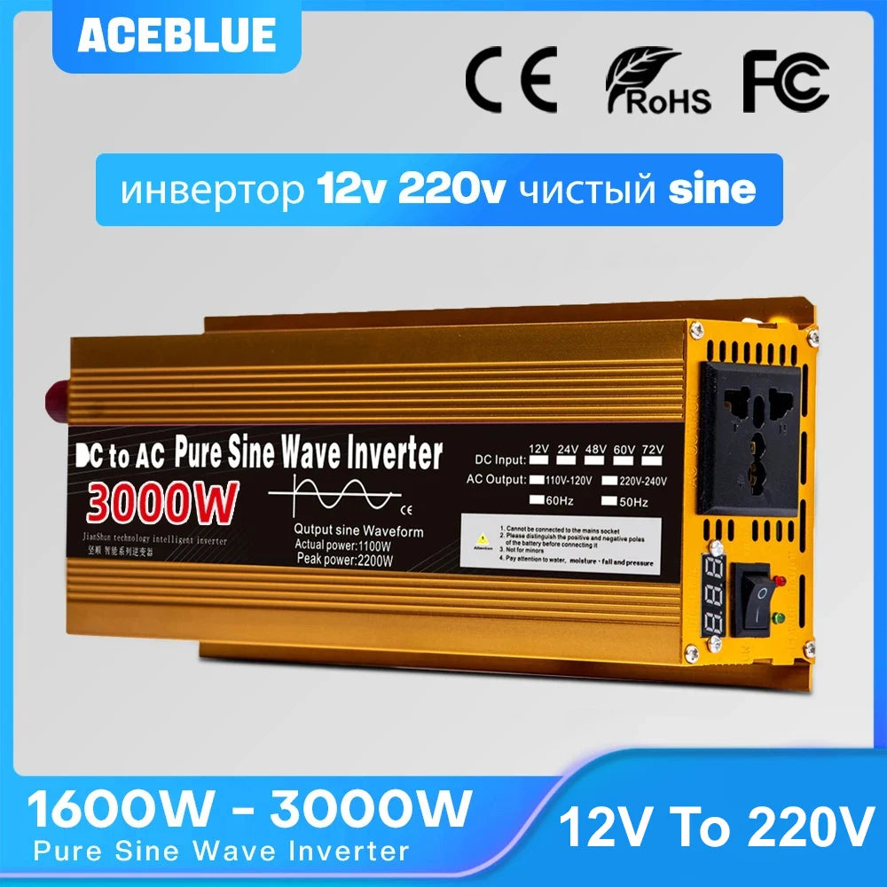 Inverter 12v 220v Pure Sine Wave 1600W 2200W 3000W DC 12v To AC 220V Portable Power Supply Converter Car Solar Inverter