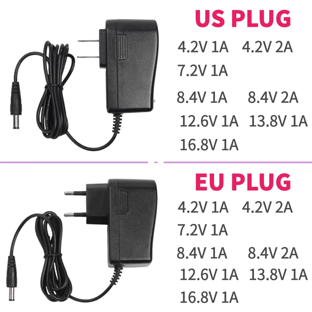 DC 4.2V 7.2V 8.4V 12.6V 13.8V 16.8V 1A 2A 18650 Lithium Battery Charger 12.6V 2A Power Supply Adapter AC 100V-240V 5.5mm X 2.1mm