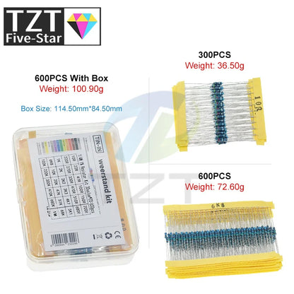 TZT 600pcs/set 30 Kinds 1/4W Resistance 1% Resistors Pack Kit 1K 10K 100K 220ohm 1M Resistors 300pcs/set
