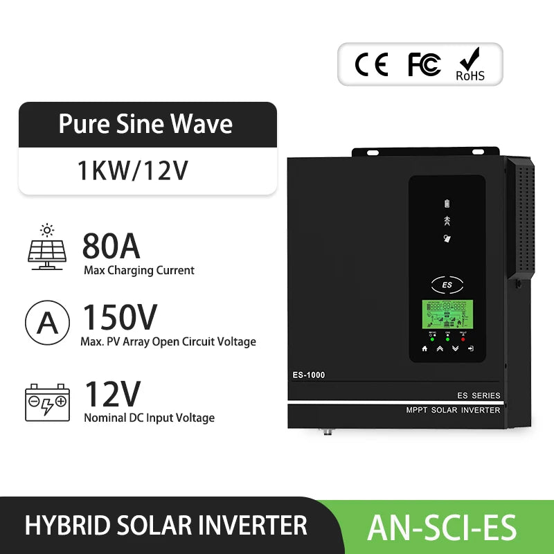 Anern 3000W 1600W 1500W 1000W Hybrid Inverter 24V 12V Buil in 80A MPPT Off Grid Solar Inverters MAX PV 400Vdc 150Vdc