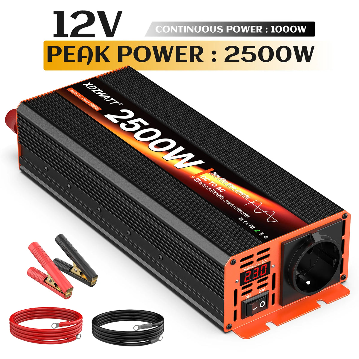 7000W Peak Power Pure Sine Wave Inverter DC 12V to AC 220V 230V EU Socket For RV Travel Household Appliances LCD Display Protect