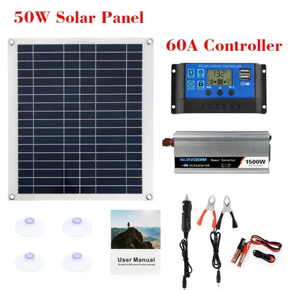 12V/24V Solar Panel System 18V 50W Solar Panel Battery Charge Controller 800W/1000W Solar Inverter Kit Complete Power Generation