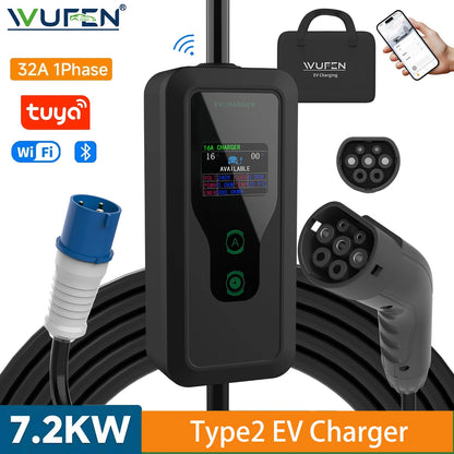 WUFEN GBT/Type1/Type2/NACS Portable EV Charger 250V 7KW 32A 1P Wall mounted EVSE Fast Charging Cable CEE Plug Tuya APP Control