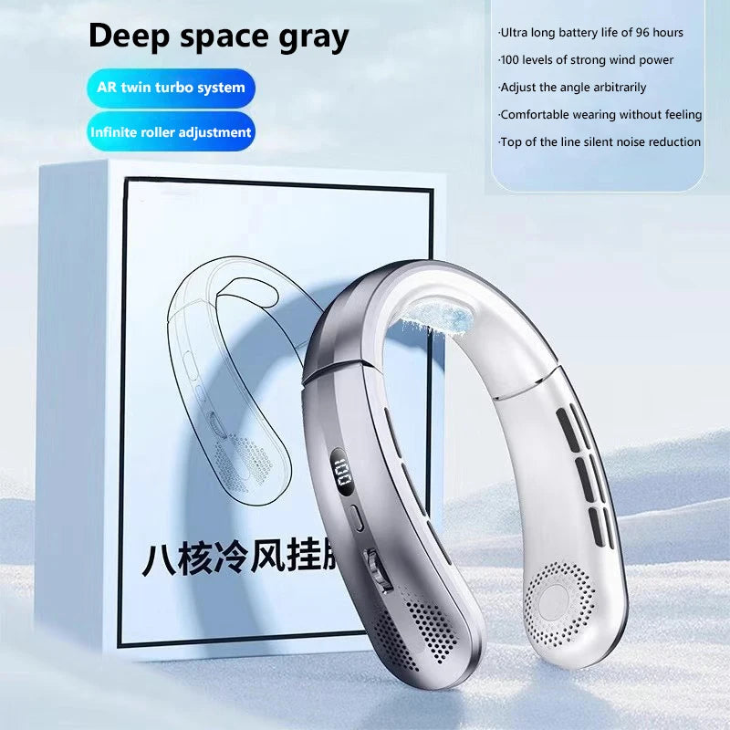 2026 New 8000mAh Portable Hanging Neck Fan Bladeless Neckband Fan Digital Display Power Air Cooler USB Rechargeable Electric Fan