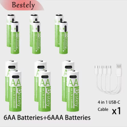 New 1.5V AA 13600mAh+AAA 6800mAh Rechargeable Lithium Batteries Long Lasting USB Li-ion Battery 2000 Cycles with USB- C Cables