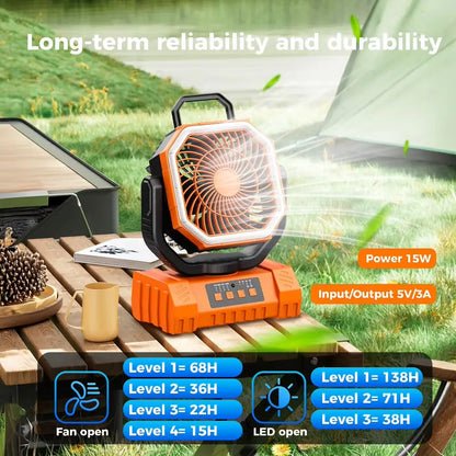 Rechargeable Camping Fan with 20000mAh Battery 4 Speeds LED Light And Hook - Outdoor Fan for Party Power Outage And Fishing